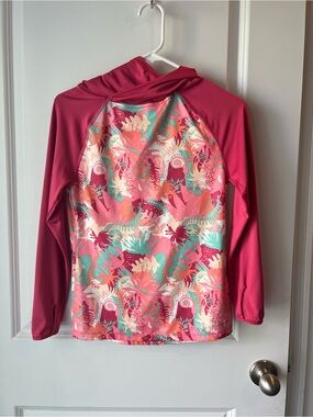 Patagonia Kids Capilene hoodie in Pink with Tropical Print. Large